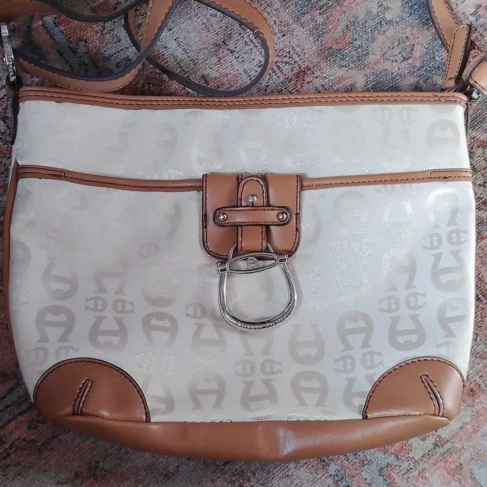 EUC vintage canvas Monogram Etienne Aigner Purse Bag with Leather Buckle Closure